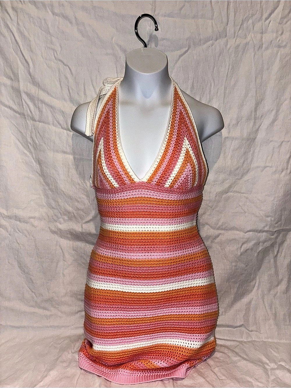 Princess Polly Knit Mini Dress Striped Halter Pink & Orange XS/S